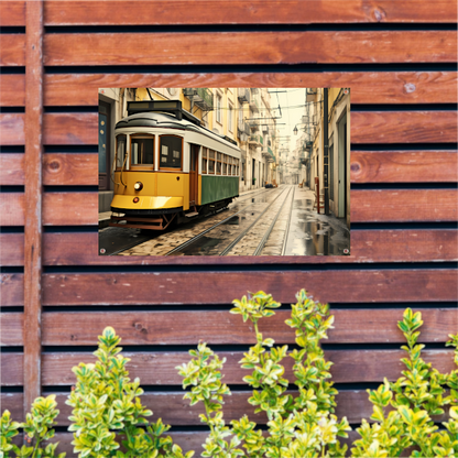 Gele tram op minimalistische rails tuinposter