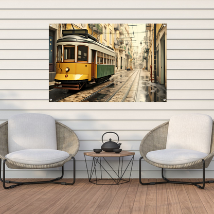 Gele tram op minimalistische rails tuinposter