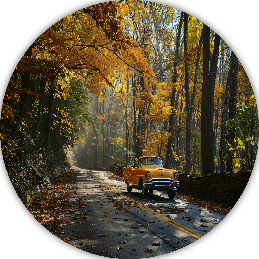 Gele auto in boslandschap forex muurcirkel