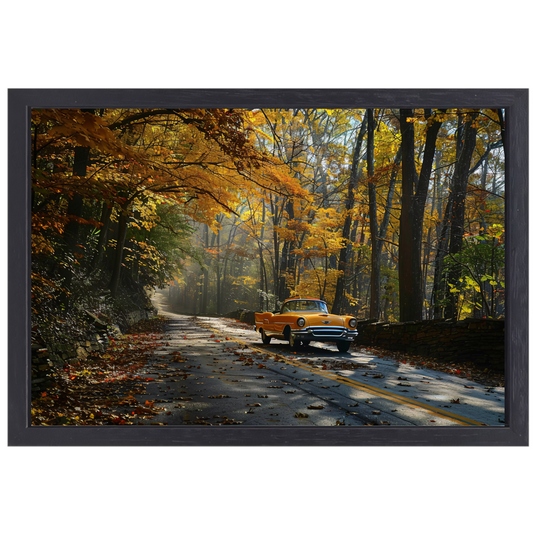 Gele auto in boslandschap canvas met baklijst