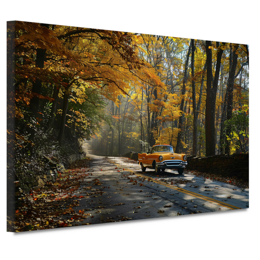 Gele auto in boslandschap canvas