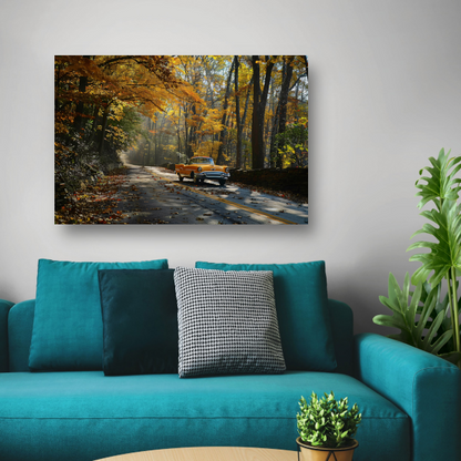 Gele auto in boslandschap poster