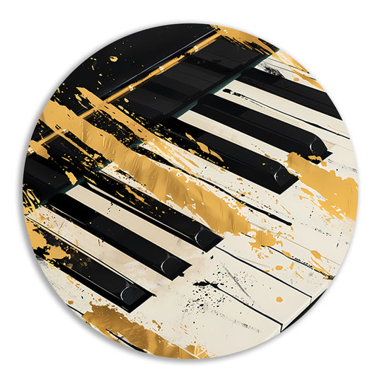 Abstract expressie op piano met goud aluminium muurcirkel