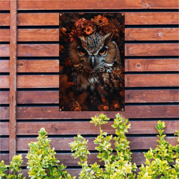 Uil en Herfstbloemen in Warme Tinten tuinposter