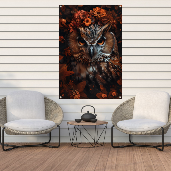 Uil en Herfstbloemen in Warme Tinten tuinposter