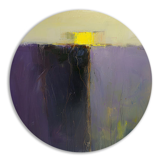 Abstract schilderij met paarse en gele kleuren aluminium muurcirkel