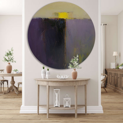 Abstract schilderij met paarse en gele kleuren aluminium muurcirkel