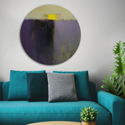 Abstract schilderij met paarse en gele kleuren aluminium muurcirkel