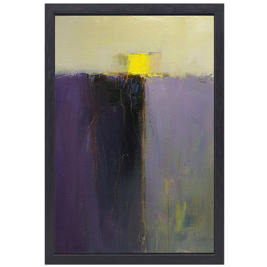 Abstract schilderij met paarse en gele kleuren canvas met baklijst