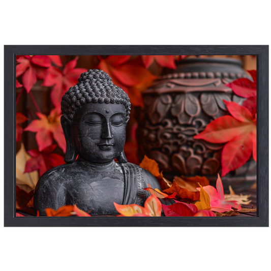 Boeddhabeeld met herfstbladeren canvas met baklijst
