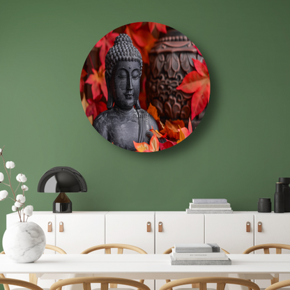 Boeddhabeeld met herfstbladeren aluminium muurcirkel