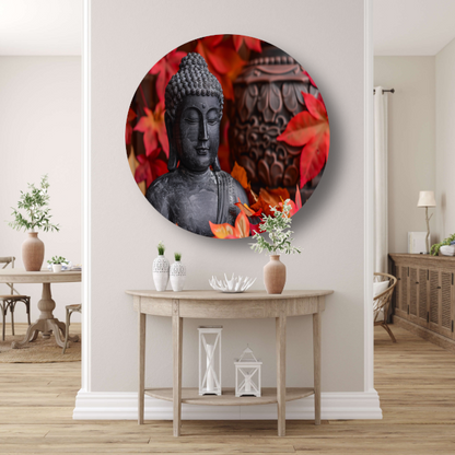 Boeddhabeeld met herfstbladeren aluminium muurcirkel