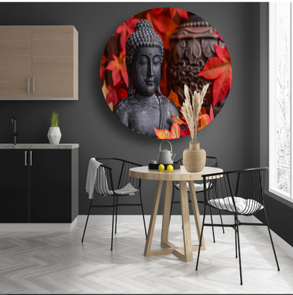 Boeddhabeeld met herfstbladeren aluminium muurcirkel
