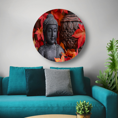Boeddhabeeld met herfstbladeren aluminium muurcirkel