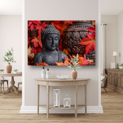 Boeddhabeeld met herfstbladeren canvas