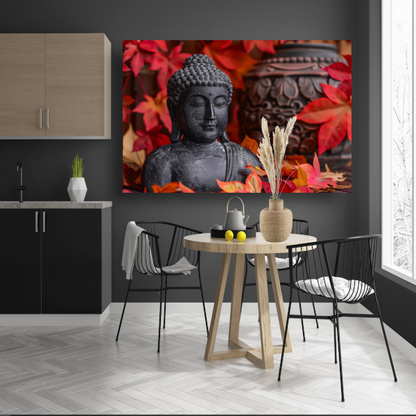 Boeddhabeeld met herfstbladeren canvas