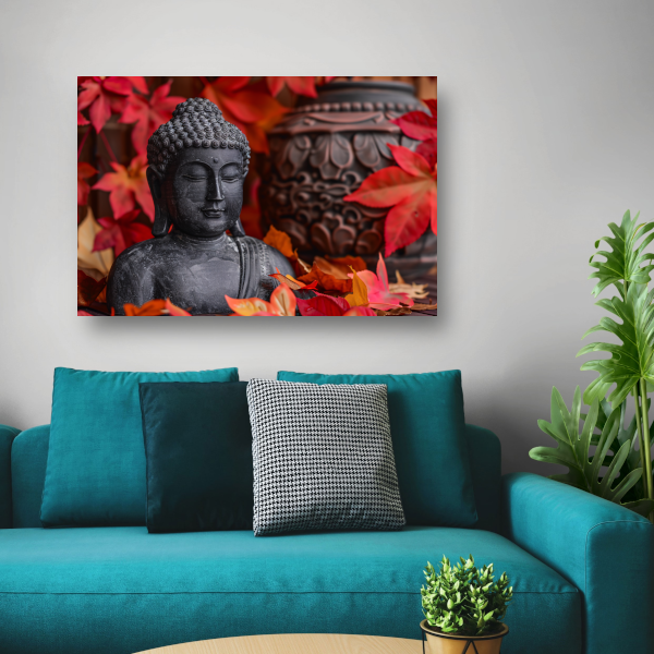 Boeddhabeeld met herfstbladeren canvas