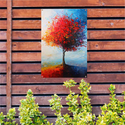 Expressieve kleurrijke boom met rode en oranje tinten tuinposter