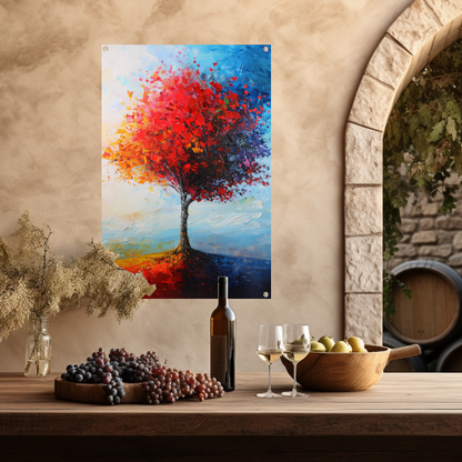 Expressieve kleurrijke boom met rode en oranje tinten tuinposter
