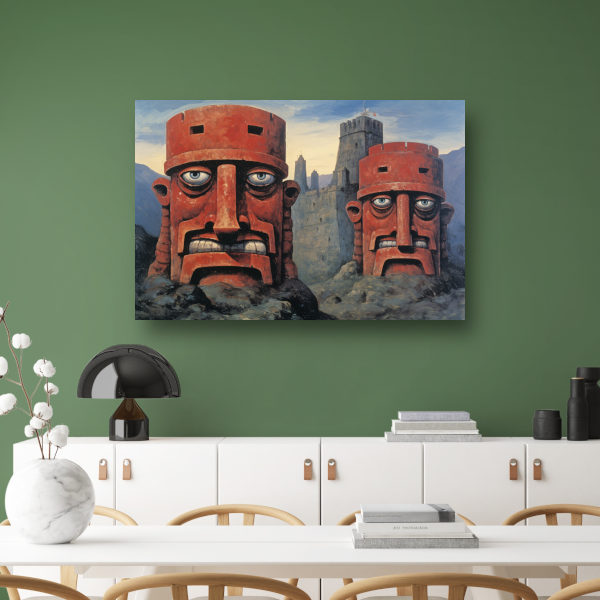 Totempalen en kasteel in minimalisme canvas met baklijst