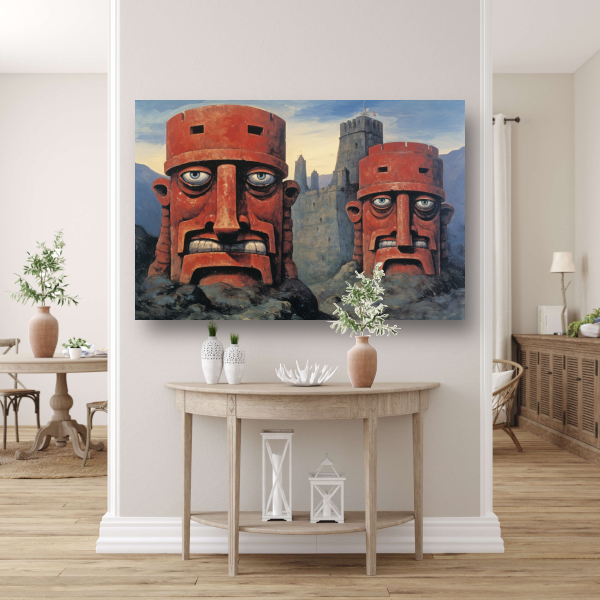 Totempalen en kasteel in minimalisme canvas met baklijst