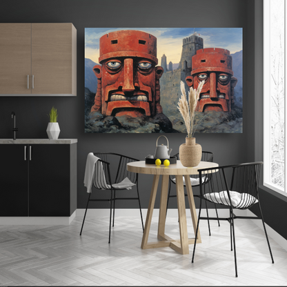 Totempalen en kasteel in minimalisme canvas met baklijst