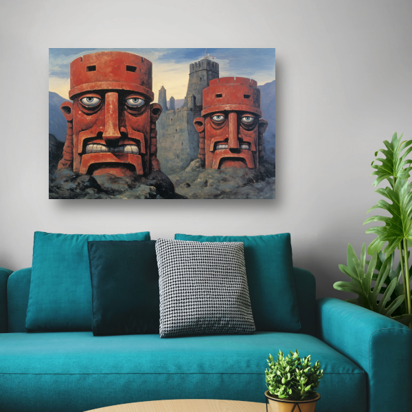 Totempalen en kasteel in minimalisme canvas met baklijst