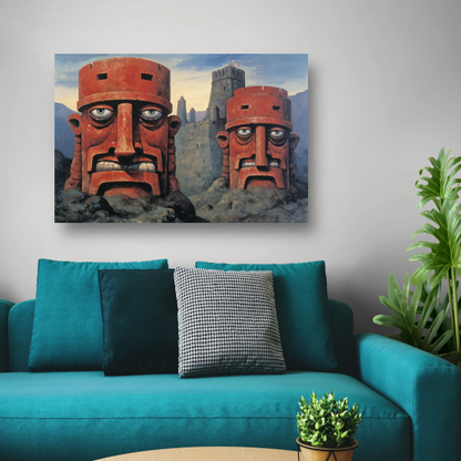 Totempalen en kasteel in minimalisme canvas met baklijst