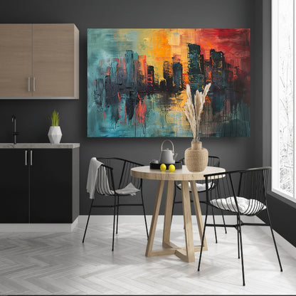 Dynamische Abstracte Stedelijke Skyline bij Zonsondergang poster