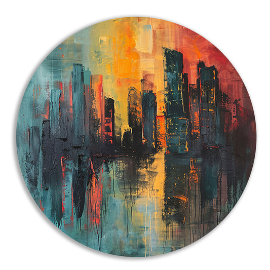Dynamische Abstracte Stedelijke Skyline bij Zonsondergang aluminium muurcirkel