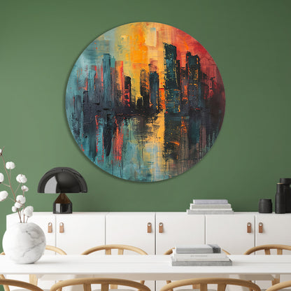Dynamische Abstracte Stedelijke Skyline bij Zonsondergang aluminium muurcirkel