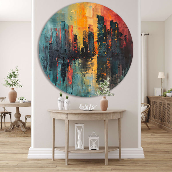 Dynamische Abstracte Stedelijke Skyline bij Zonsondergang aluminium muurcirkel