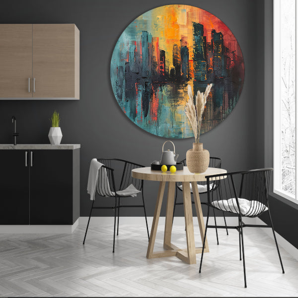 Dynamische Abstracte Stedelijke Skyline bij Zonsondergang aluminium muurcirkel