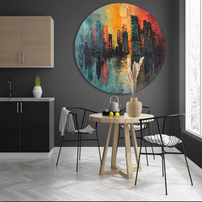 Dynamische Abstracte Stedelijke Skyline bij Zonsondergang aluminium muurcirkel