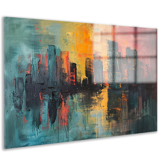 Dynamische Abstracte Stedelijke Skyline bij Zonsondergang acrylglas