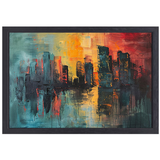 Dynamische Abstracte Stedelijke Skyline bij Zonsondergang canvas met baklijst