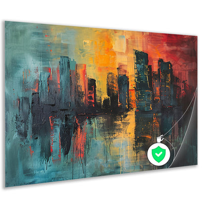 Dynamische Abstracte Stedelijke Skyline bij Zonsondergang poster