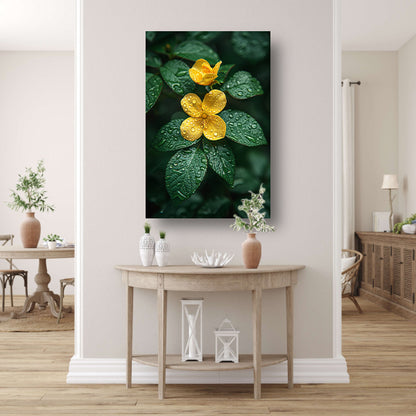 Gele bloem met dauwdruppels na de regen canvas met baklijst