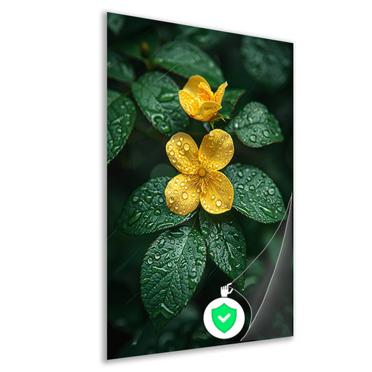 Gele bloem met dauwdruppels na de regen poster