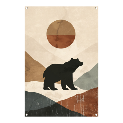 Beer in abstract landschap met geometrische zon tuinposter