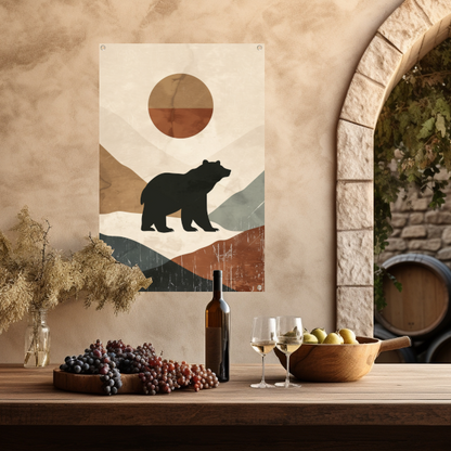 Beer in abstract landschap met geometrische zon tuinposter