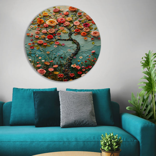 Kleurrijk Bloemenboom Schilderij voor Interieur aluminium muurcirkel