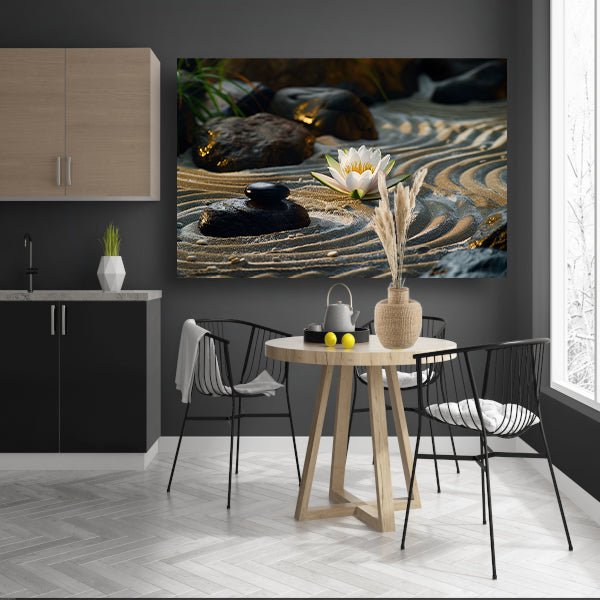 Zen-tuin met waterlelie en geharkt zand canvas