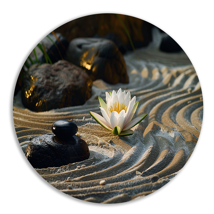 Zen-tuin met waterlelie en geharkt zand forex muurcirkel