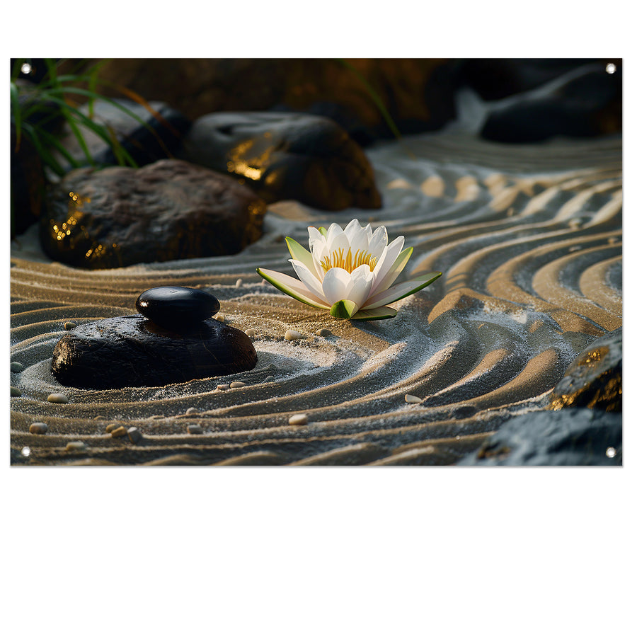 Zen-tuin met waterlelie en geharkt zand tuinposter