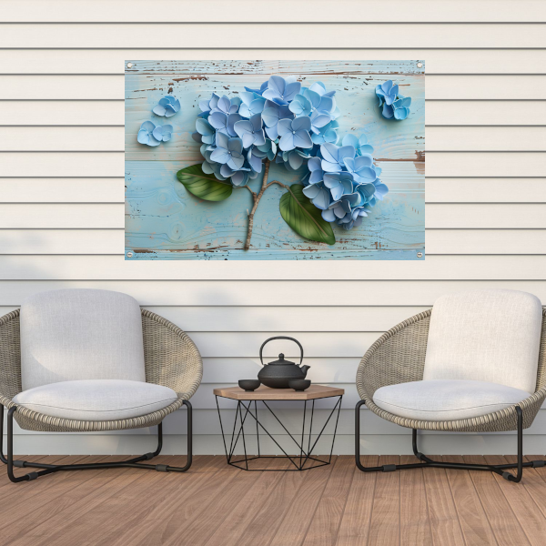 Blauwe hortensias in vaas tuinposter