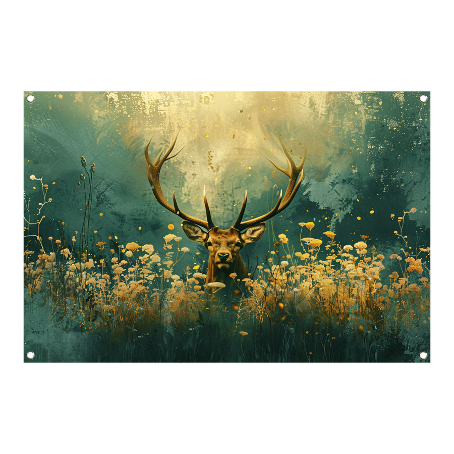 Majestueus hert in bloemenrijk veld tuinposter