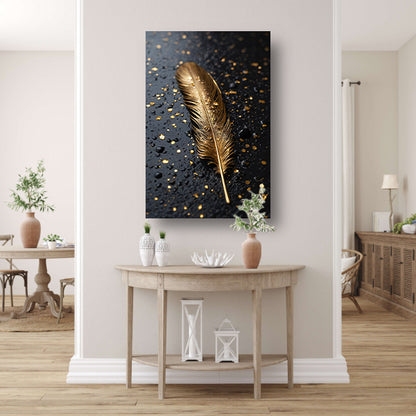Gouden Veer met Druppels op Zwart canvas met baklijst