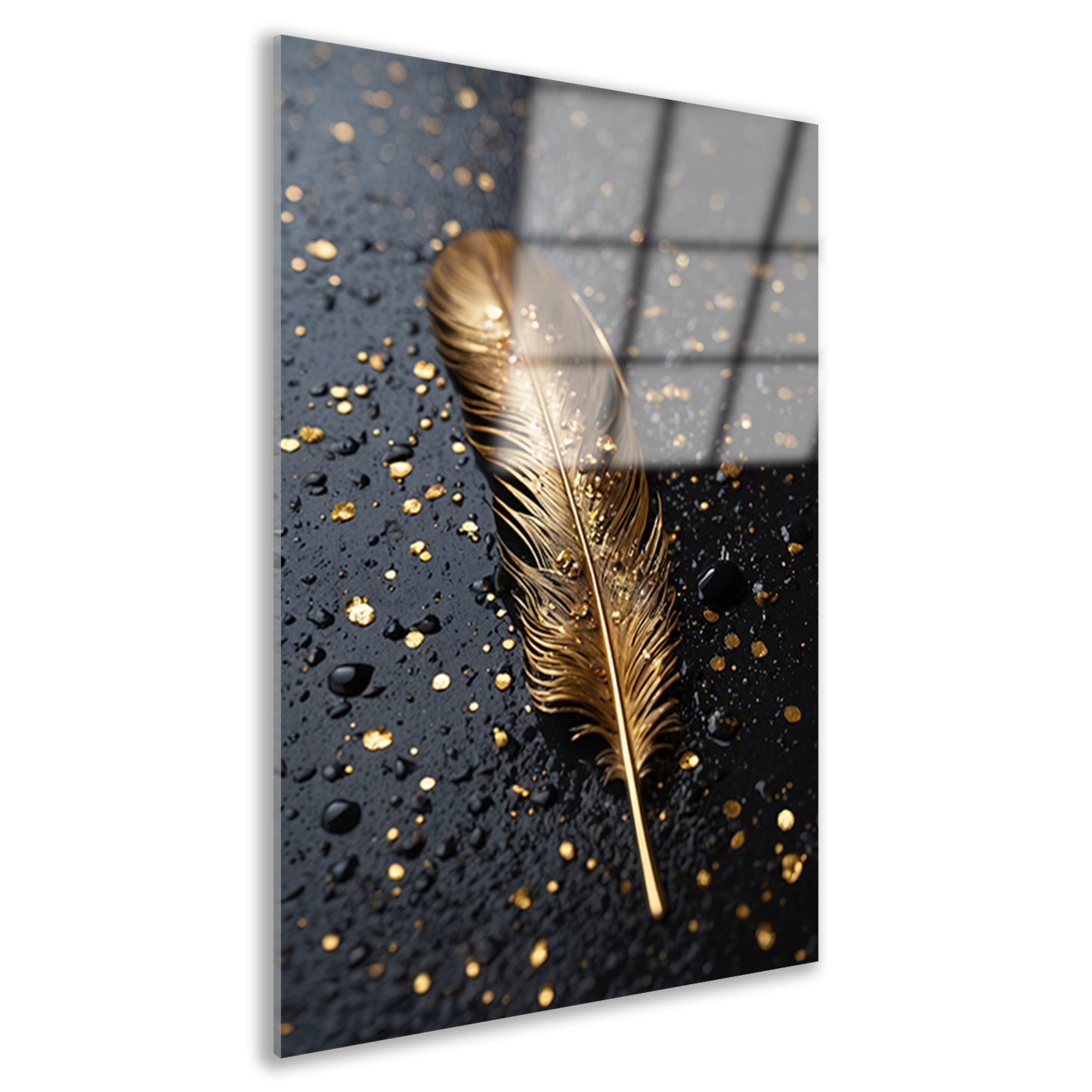 Gouden Veer met Druppels op Zwart acrylglas