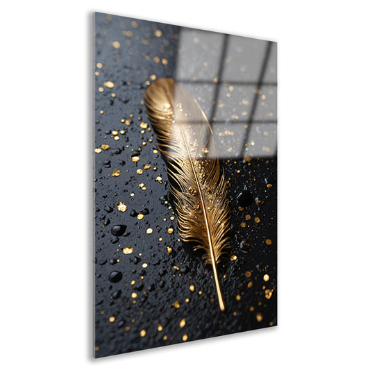 Gouden Veer met Druppels op Zwart acrylglas